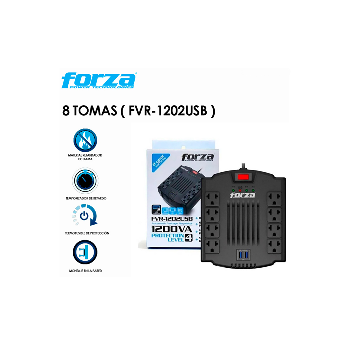 Estabilizador de corriente Forza 8 tomas 1200VA